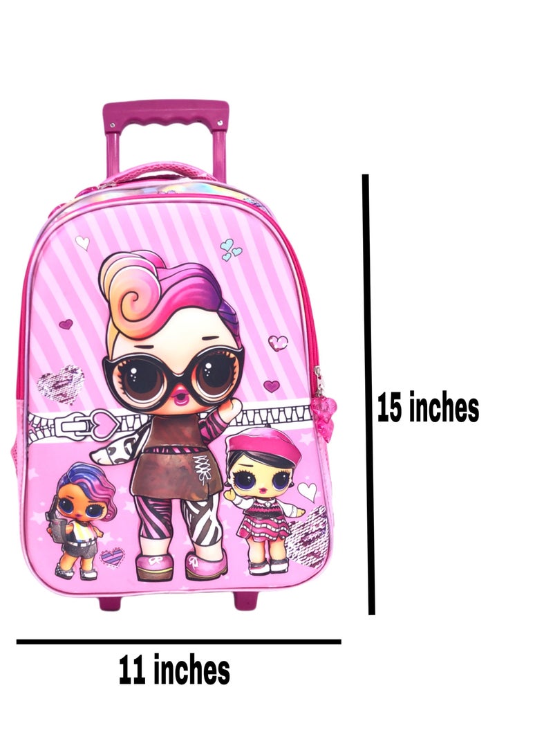 3D EVA Premium Toddler backpack with Trolley which Includes Main Trolley L.O.L character 3D Bag, Lunch Bag, and pencil Case personalized trolley backpack For school Girls  (15 inch)