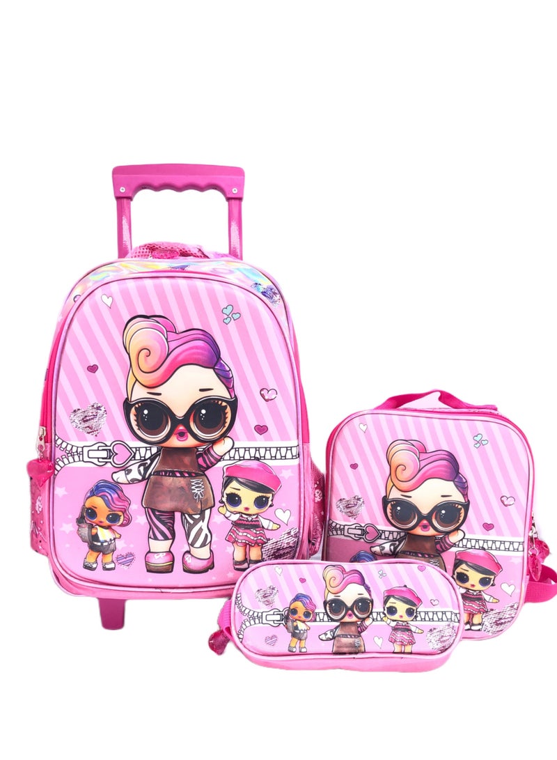 3D EVA Premium Toddler backpack with Trolley which Includes Main Trolley L.O.L character 3D Bag, Lunch Bag, and pencil Case personalized trolley backpack For school Girls  (15 inch)