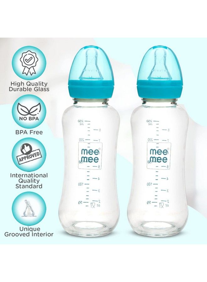 Premium Glass Feeding Bottle With Eazy Flow Technology Anti Colic Valveanti Slipbpa Free Baby Feeding Bottle For Babies & Toddlers(Blue 240Mlpack Of 2)