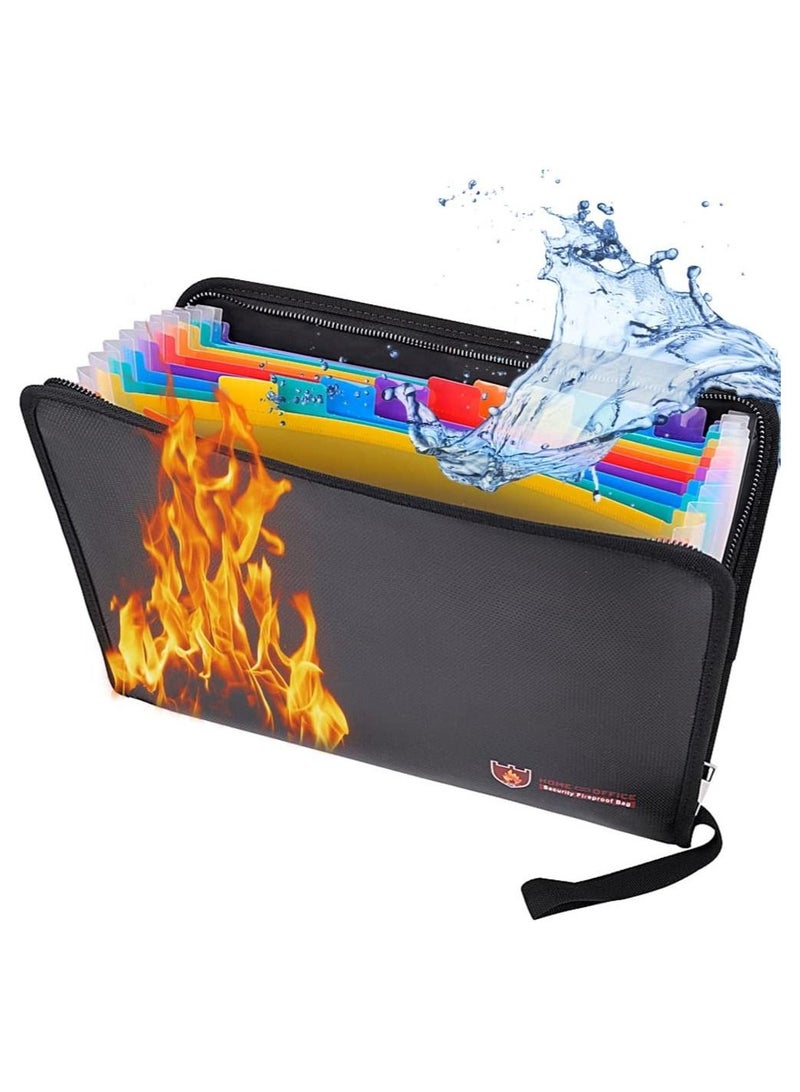 Fireproof File Folder Organizer A4 Letter Size Water Resistant Documents Storage Fire Safe Bag with Zipper Closure and 13 Silicone-Coated Expanding Pockets (36x26cm) Black