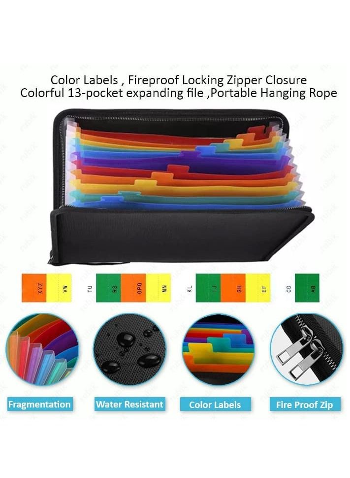 Fireproof File Folder Organizer A4 Letter Size Water Resistant Documents Storage Fire Safe Bag with Zipper Closure and 13 Silicone-Coated Expanding Pockets (36x26cm) Black