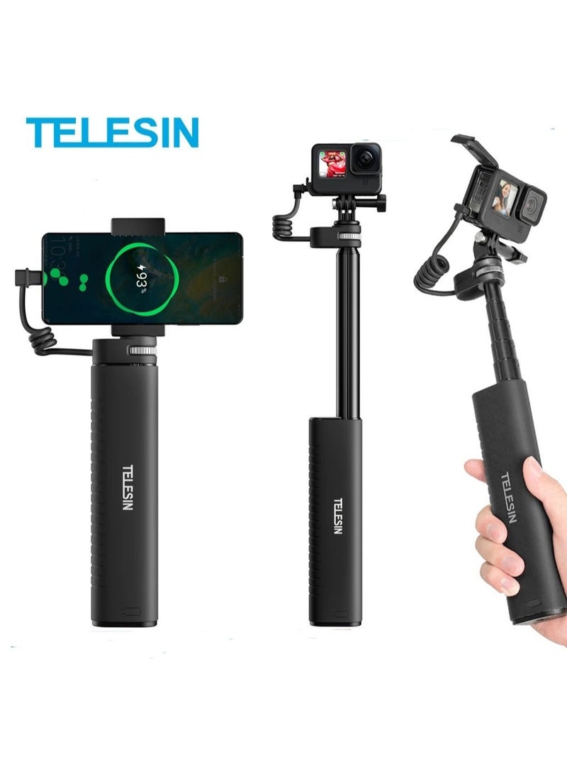 TELESIN 10000mAh Power Bank Selfie Stick Charging Handle Grip for GoPro 12 11 10 9 DJI Action 3 4 Insta360 X3 Camera Smart Phone