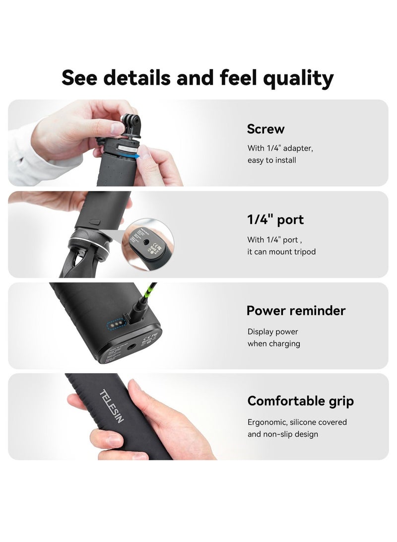 TELESIN 10000mAh Power Bank Selfie Stick Charging Handle Grip for GoPro 12 11 10 9 DJI Action 3 4 Insta360 X3 Camera Smart Phone