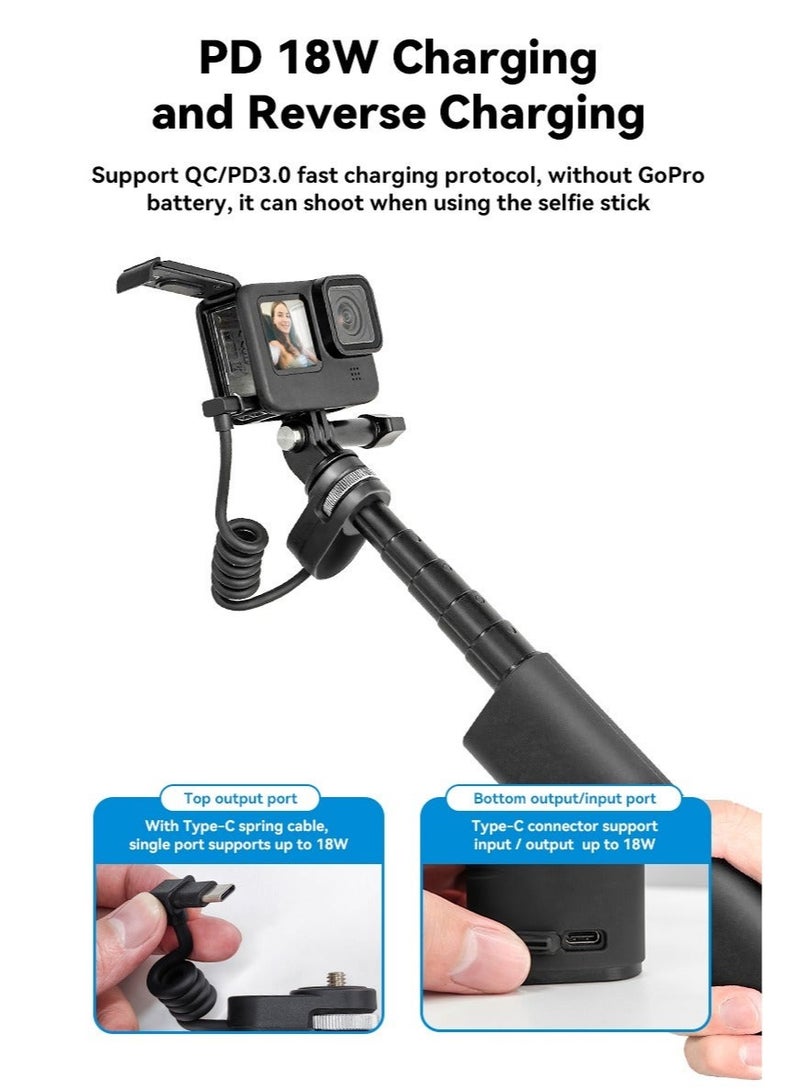 TELESIN 10000mAh Power Bank Selfie Stick Charging Handle Grip for GoPro 12 11 10 9 DJI Action 3 4 Insta360 X3 Camera Smart Phone