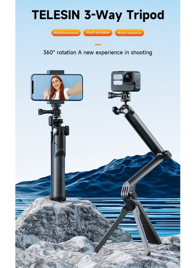 TELESIN 3-Way Selfie Stick Tripod Grip Magic Arm Foldable Pole Multi-Mount For Insta360 Ace Pro GoPro 12 11 Action 4 3 Accessory