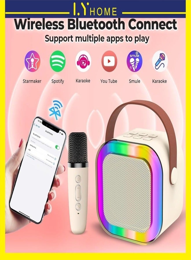 Kids' Karaoke Singing Machine Portable Bluetooth Speaker with Wireless Mics and Colorful Lights (Beige)