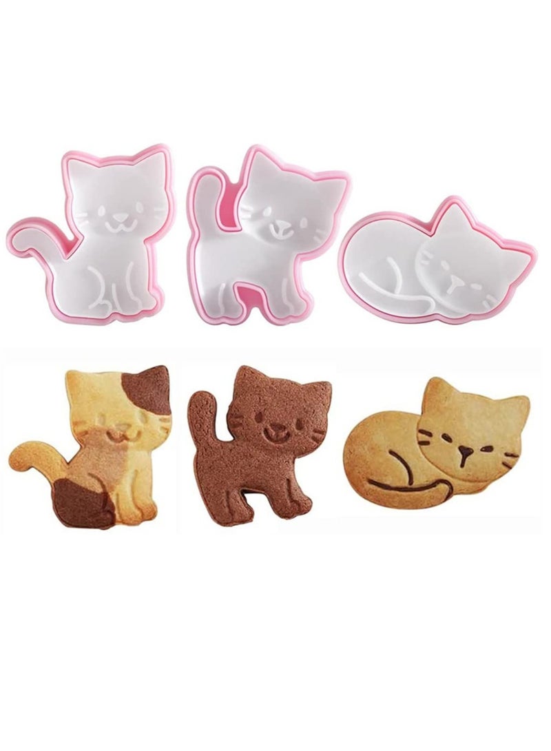 Cat Shape Animal Plunger Cookie Cutters Set, 3pcs Cat Cookie Cutter Shapes Plastic Biscuit Cutter Set Animals Cookie Stamps Fondant Cake Decorating Tools