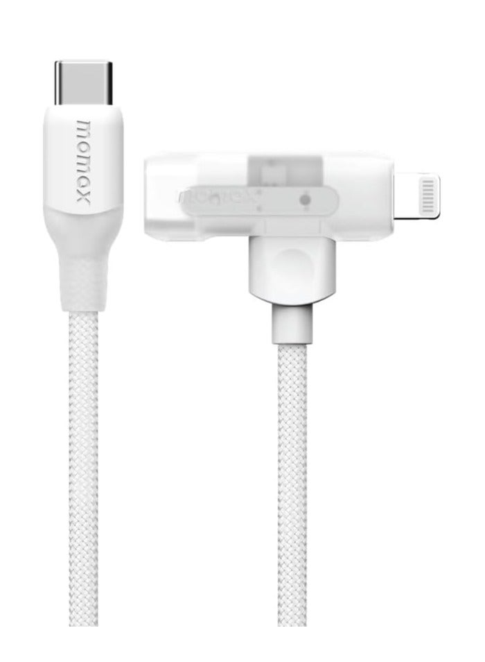 1-Link Flow Duo 2-IN-1 USB-C to USB-C + Lightning Braided Cable 1.5m -  MFi Certified, Fast Charging, Heavy Duty 35,000 Bends, for iPhone 15/14/13/12 Pro Max/Pro/Plus, Samsung S24/S23 - White