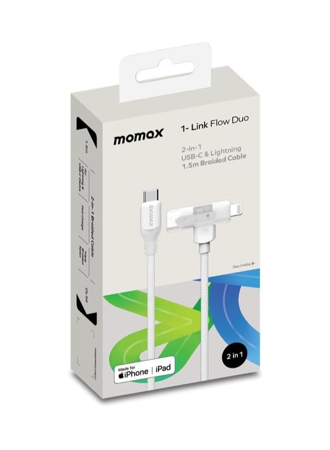 1-Link Flow Duo 2-IN-1 USB-C to USB-C + Lightning Braided Cable 1.5m -  MFi Certified, Fast Charging, Heavy Duty 35,000 Bends, for iPhone 15/14/13/12 Pro Max/Pro/Plus, Samsung S24/S23 - White