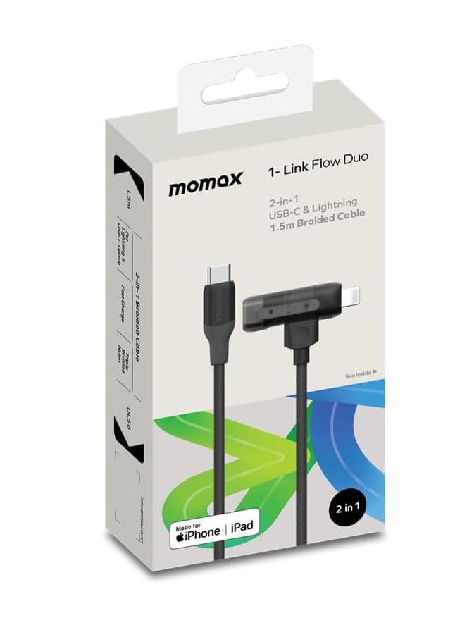 1-Link Flow Duo 2-IN-1 USB-C to USB-C + Lightning Braided Cable 1.5m -  MFi Certified, Fast Charging, Heavy Duty 35,000 Bends, for iPhone 15/14/13/12 Pro Max/Pro/Plus, Samsung S24/S23 - Black