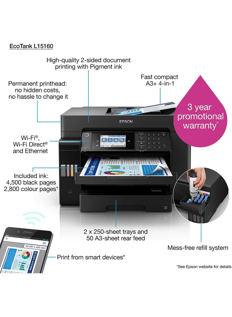 EcoTank L15160 A3+ 4-in-1 Print, Scan, Copy, Fax Wireless Inktank Business Printer Black