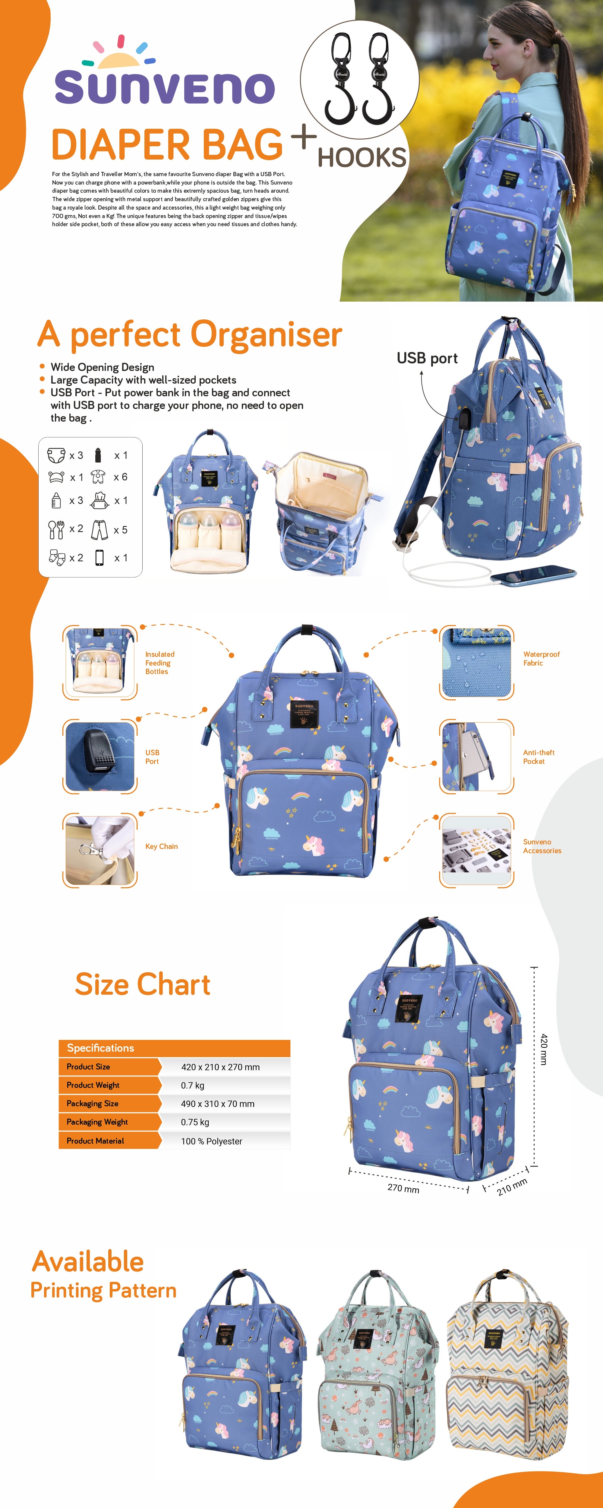 Unicorn Printed Diaper Bag With USB And Hooks, Blue/Pink/Yellow - SN_DP_USBUBHK