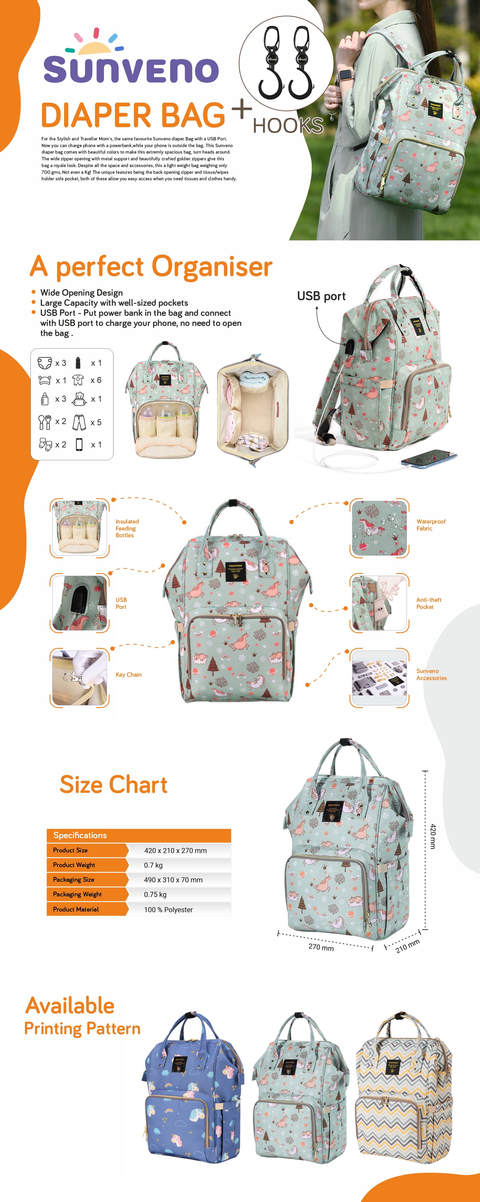 Dream Sky Printed Diaper Bag With Usb And Hooks, Multiple Inner Pockets, Waterproof Pocket, 6-9 Months