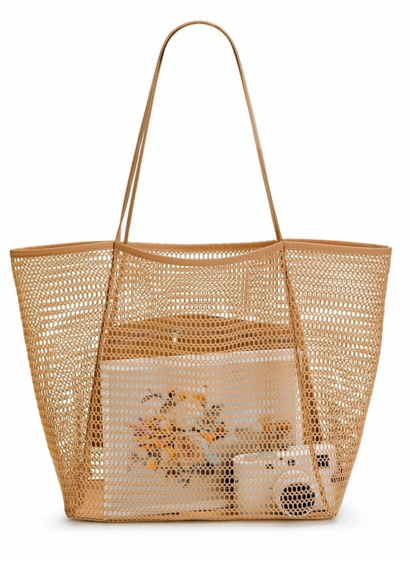 Mesh Beach Bag for Women, Large Tote Bag Lightweight Foldable Beach Tote with Zipper Pocket for Women Vacation Beach Pool Trip