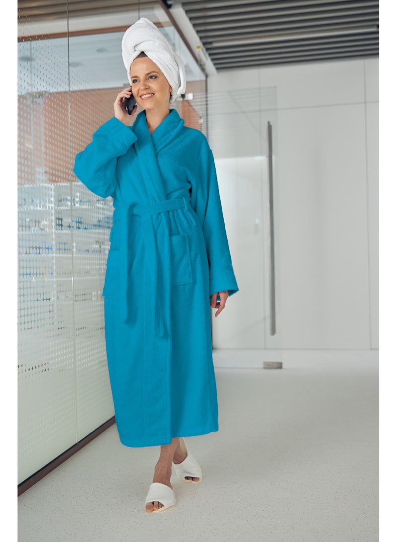 380 GSM Unisex Cotton Fleece Bathrobe Skin-friendly Breathable Nightgown Simple Hooded Home Clothes Peacock Blue