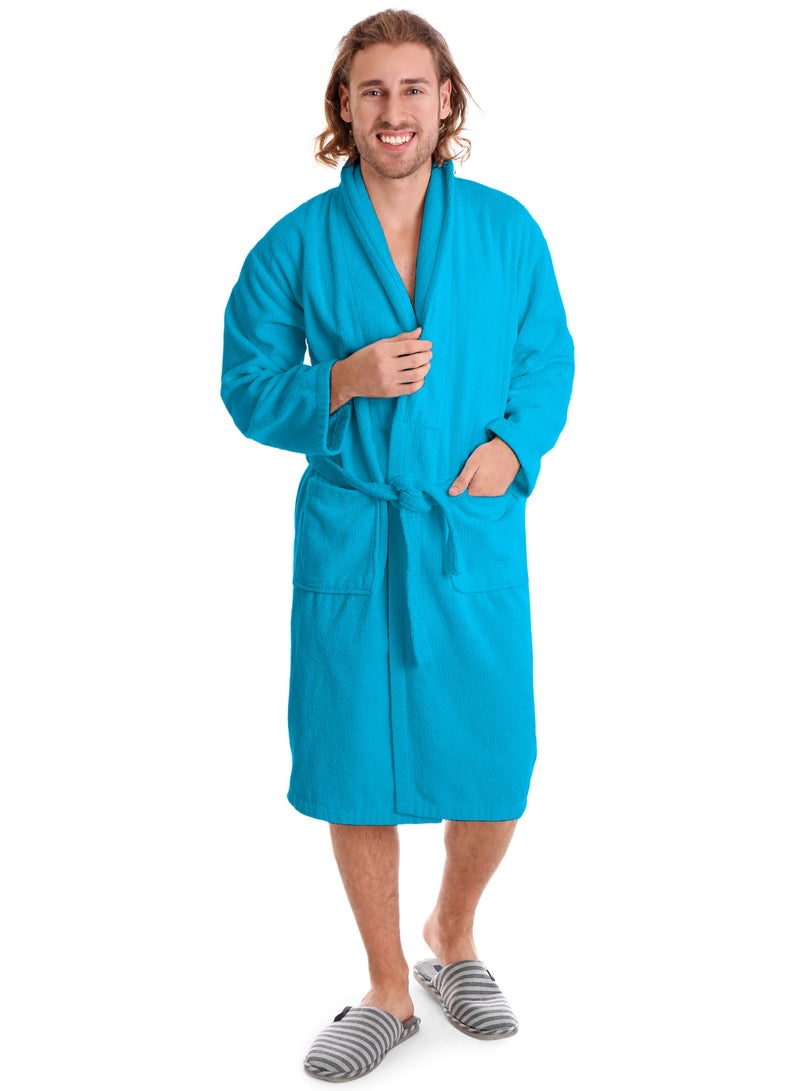 380 GSM Unisex Cotton Fleece Bathrobe Skin-friendly Breathable Nightgown Simple Hooded Home Clothes Peacock Blue