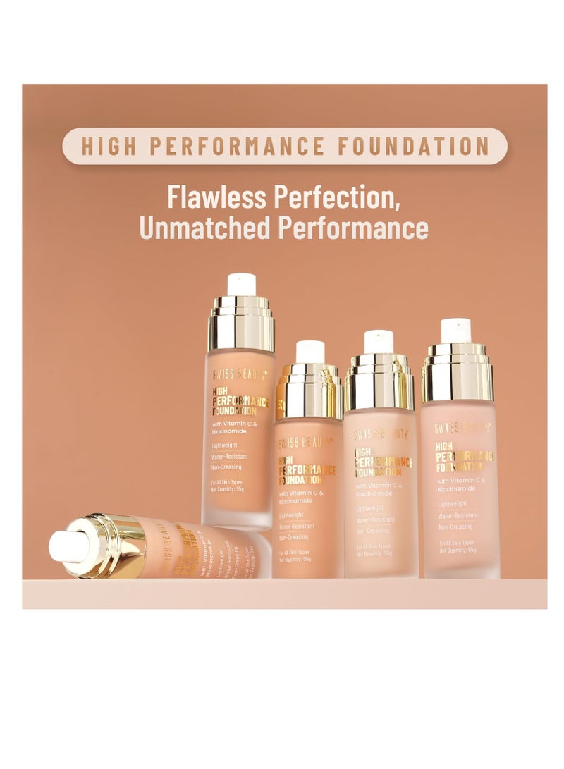 Swiss Beauty High Performance Foundation Water Resistant Medium to Buildable Coverage Lightweight Easy to Blend With Vitamin C and Niacinamide Sun Beige 55g