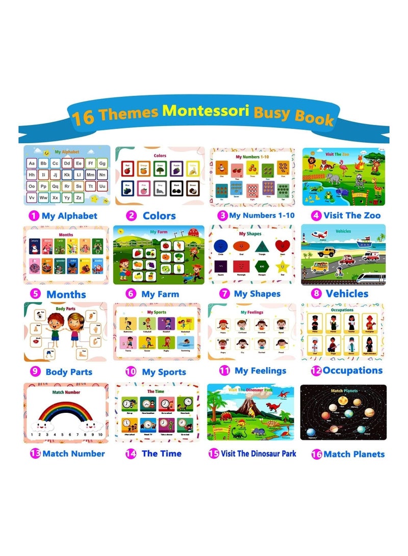 Busy Book for Toddlers, 32 Themes Preschool Montessori Learning Activity Quiet Book, Early Educational Learning Sensory Toys Binder Book for Kids