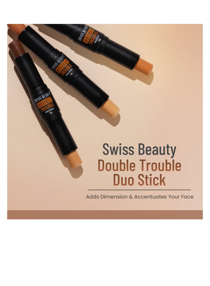 Swiss Beauty Double Trouble Duo Super Blendable Creamy Highlighter and Contour Stick with Natural Finish Shade Coco Focus 8gm