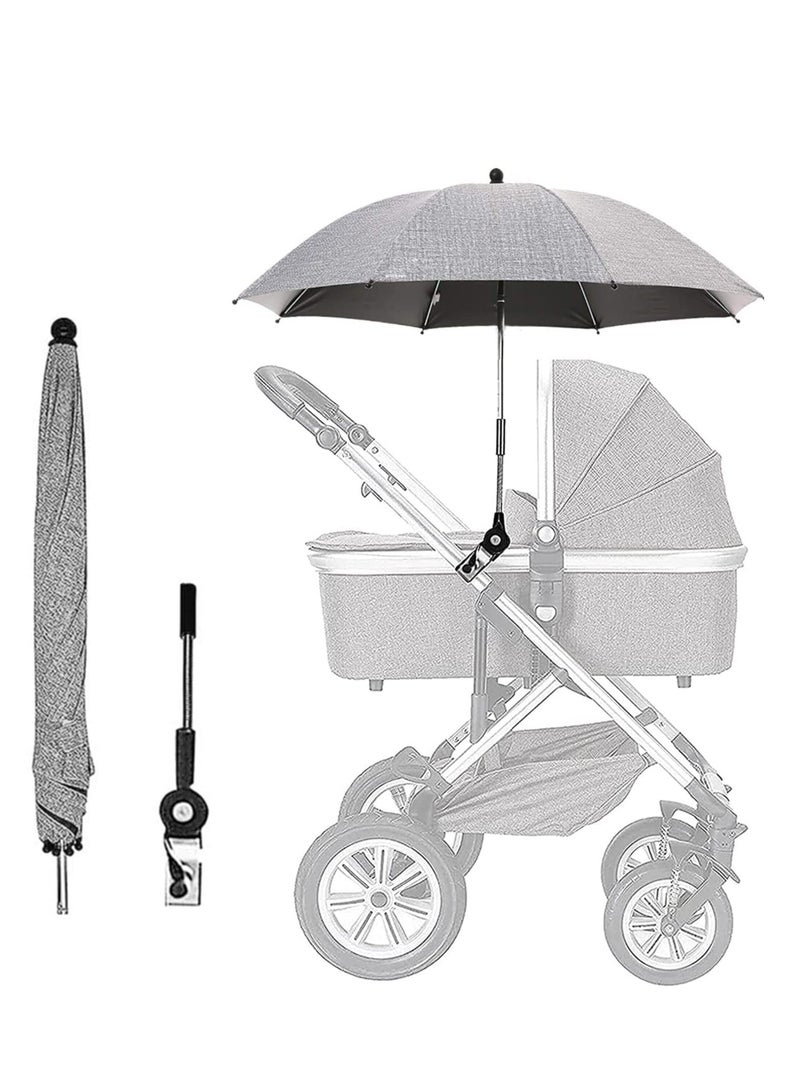 Baby Stroller Parasol, 75 cm Sunshade with Clip Universal Stroller UV Protection Umbrella 50+ Adjustable 360 Degree Waterproof Umbrella for Strollers, Strollers, Wheelchairs, Beach Chair - Gray