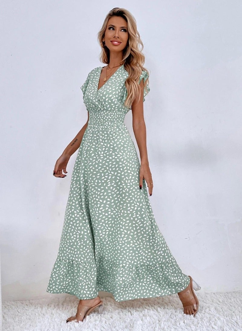 Green Floral Print Flutter Sleeve Maxi Dress