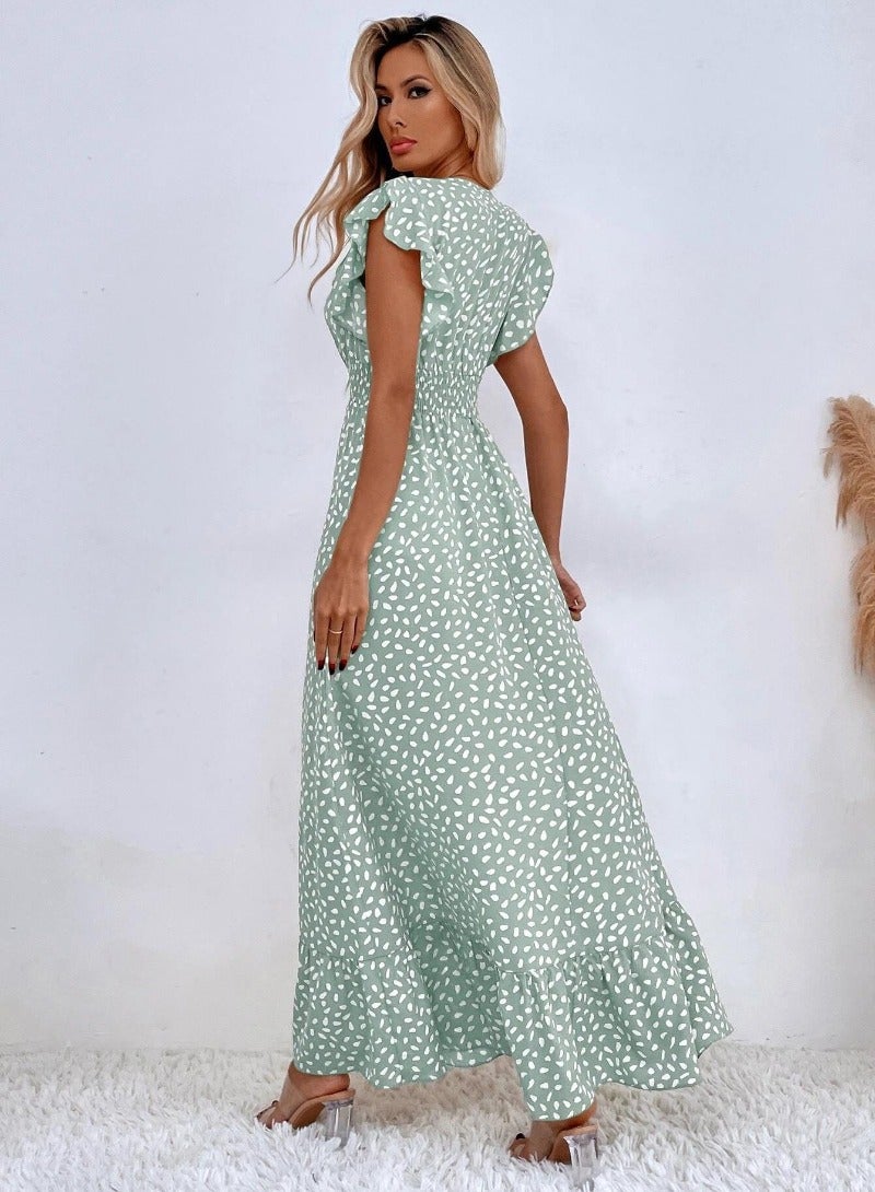 Green Floral Print Flutter Sleeve Maxi Dress