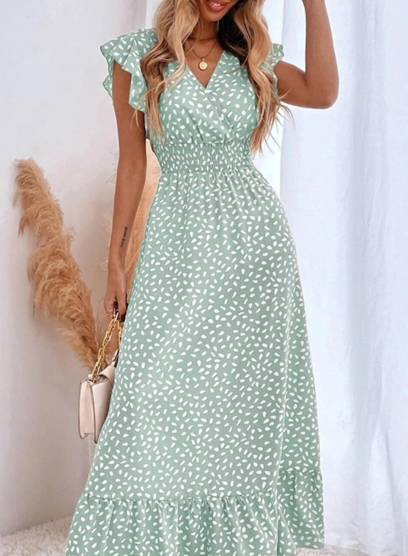 Green Floral Print Flutter Sleeve Maxi Dress