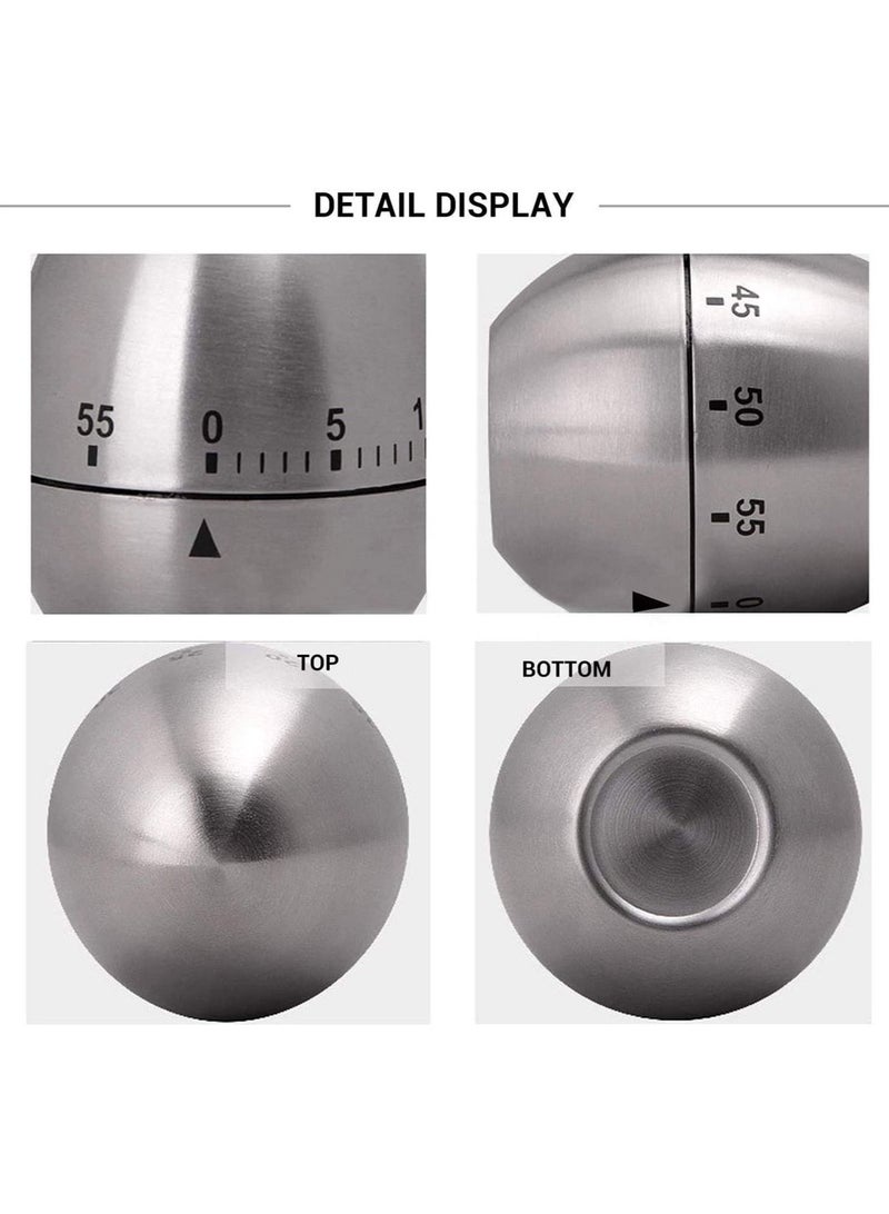 Egg Timer in Silver,  1 Pcs Mechanical Stainless Steel Kitchen Timer in Egg Countdown Shape Up to 60 Minutes for Boiling Eggs and More, Cooking Baking Bell Teeth Brushing Short Time Alarm