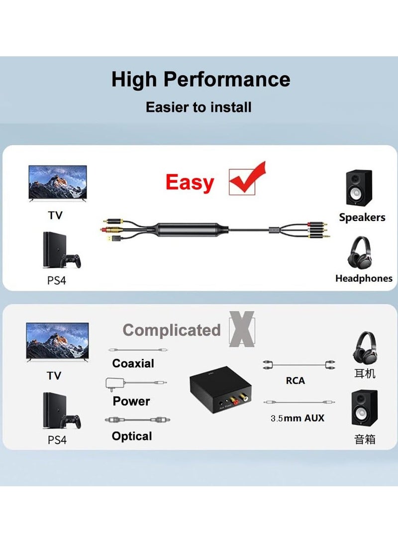 AV300 Digital to Analog Audio Conversion Cable, Digital SPDIF/Optical & Coaxial to Analog L/R RCA & 3.5mm AUX Stereo Audio Cable for Xbox/ for PS4/ for PS5/ TV/ Home Stereo (3M)