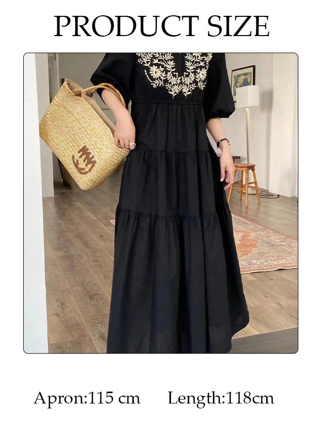 Retro Elegant Long Dress for Women Puff Sleeve Floral Embroidered Maxi Dress Boho Casual V Neck Long Dress