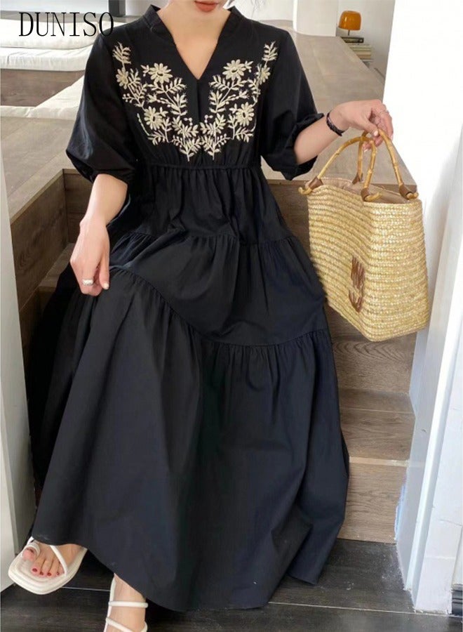 Retro Elegant Long Dress for Women Puff Sleeve Floral Embroidered Maxi Dress Boho Casual V Neck Long Dress