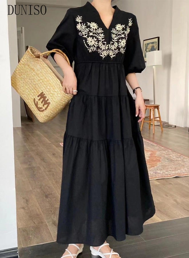 Retro Elegant Long Dress for Women Puff Sleeve Floral Embroidered Maxi Dress Boho Casual V Neck Long Dress