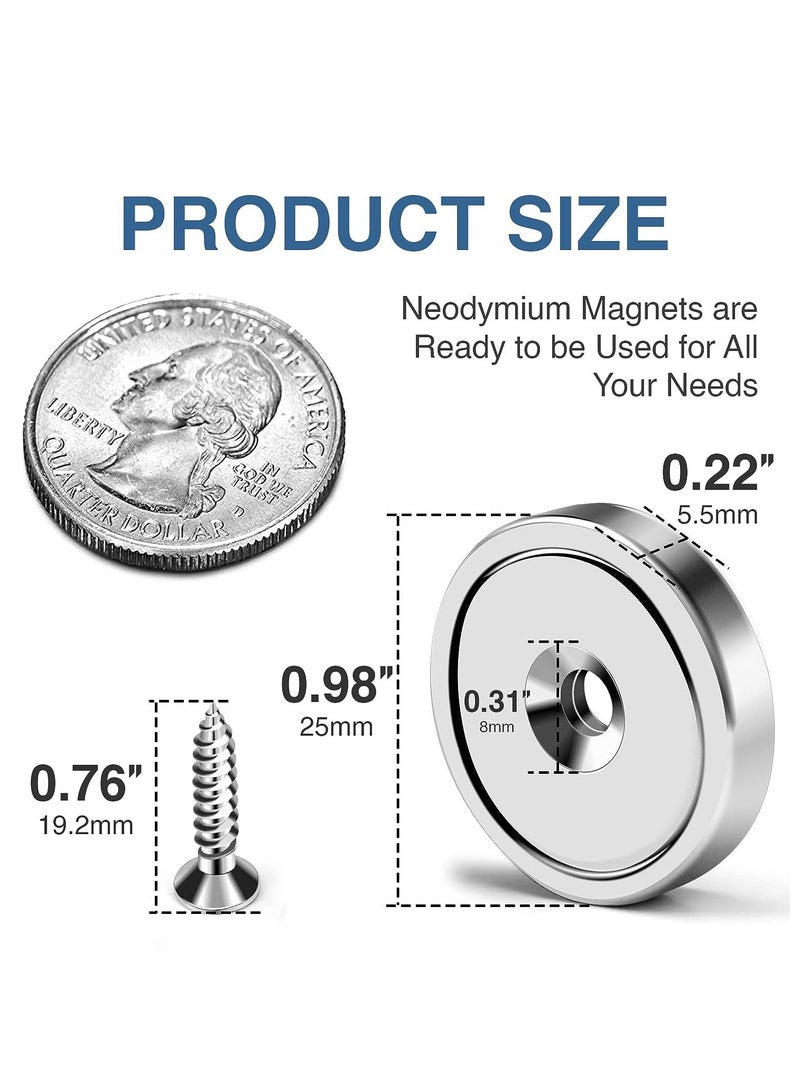 Powerful Neodymium Magnets 6 Packs Waterproof Strong Magnets with Hole 70lbs Force Neodymium Cup Magnets 32mm with Countersunk Hole and Steel Capsule Pot Magnet with Screws