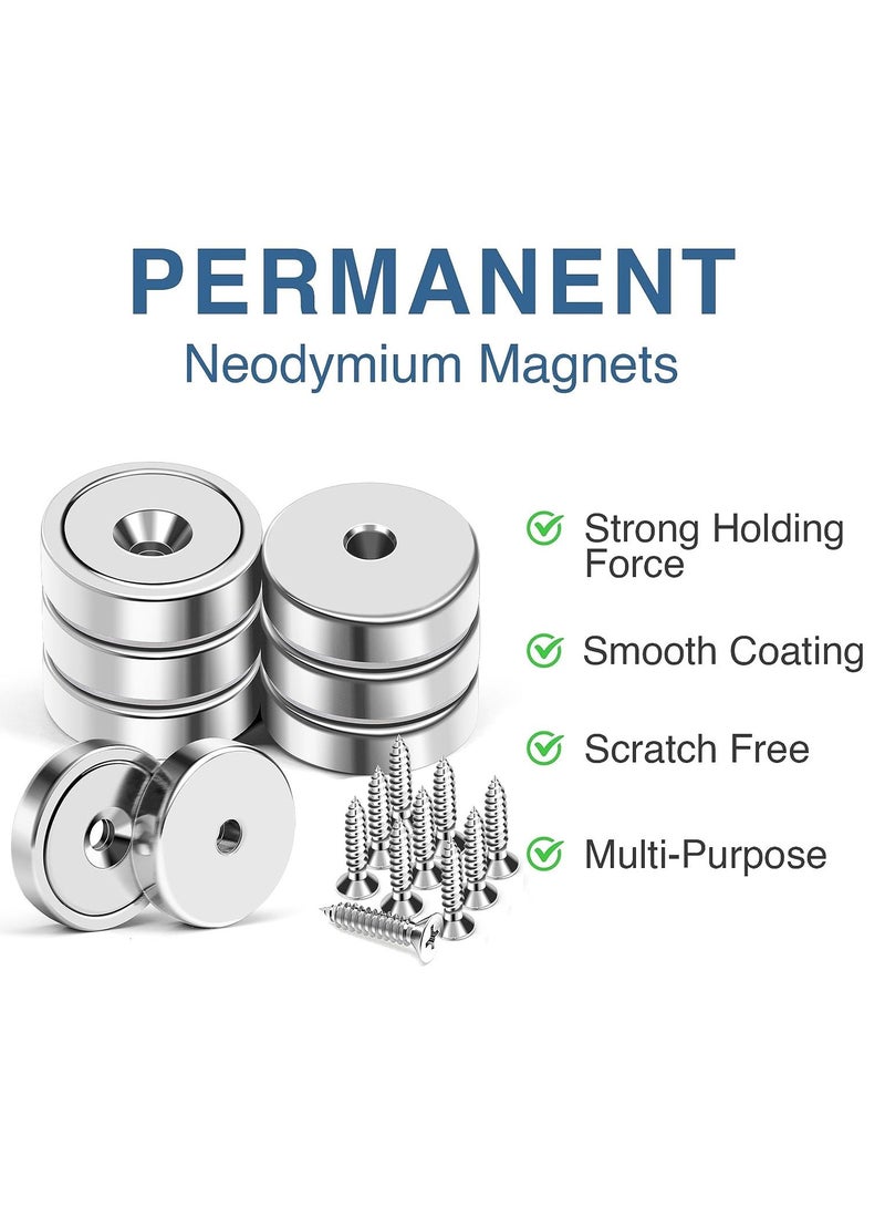 Powerful Neodymium Magnets 6 Packs Waterproof Strong Magnets with Hole 70lbs Force Neodymium Cup Magnets 32mm with Countersunk Hole and Steel Capsule Pot Magnet with Screws
