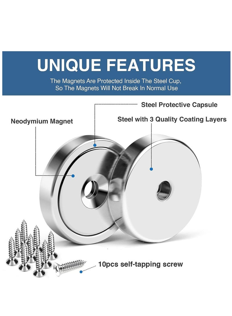 Powerful Neodymium Magnets 6 Packs Waterproof Strong Magnets with Hole 70lbs Force Neodymium Cup Magnets 32mm with Countersunk Hole and Steel Capsule Pot Magnet with Screws