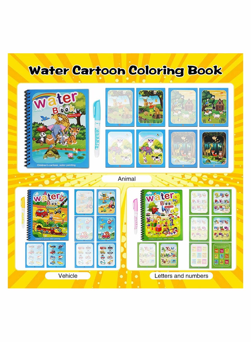 Magical Water Coloring Book Kids Magic Painting Books with Water Reusable Drawing Book for Toddler Cartoon Animals 3 Pack