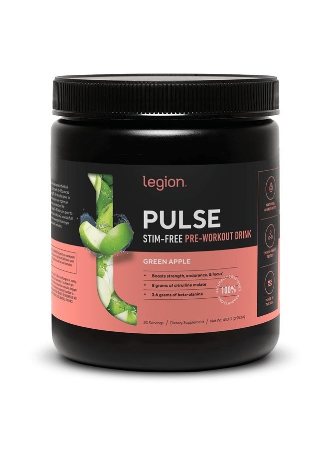 Pulse Pre Workout Supplement - All Natural Nitric Oxide Preworkout Drink to Boost Energy, Creatine Free, Naturally Sweetened, Beta Alanine, Citrulline, Alpha GPC (Caffeine Free Green Apple)