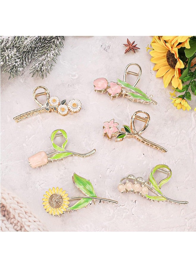 6Pcs Large Metal Flower Hair Claw Clips, Tulip Hair Claw Clip, Sunflower Hair Clips, Non-Slip No Broken Hair Clamps, Lily Flower Hair Hold Clip for Women Thin and Thick Hair