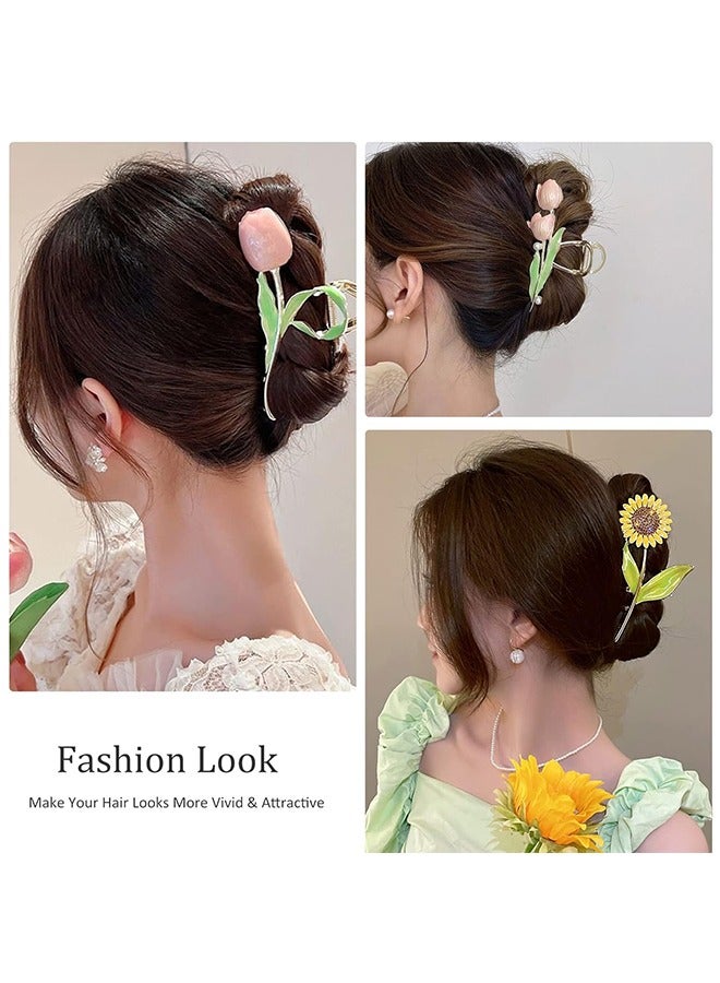 6Pcs Large Metal Flower Hair Claw Clips, Tulip Hair Claw Clip, Sunflower Hair Clips, Non-Slip No Broken Hair Clamps, Lily Flower Hair Hold Clip for Women Thin and Thick Hair