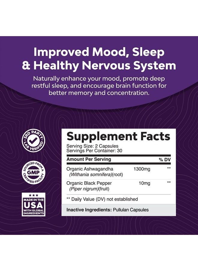 Ashwagandha Root Powder - Natural Supplement Capsules for Sleep Relaxation Improve Mood Increase Immune System - Ashwagandha Indian Ginseng Withania Somnifera - for Men and Women