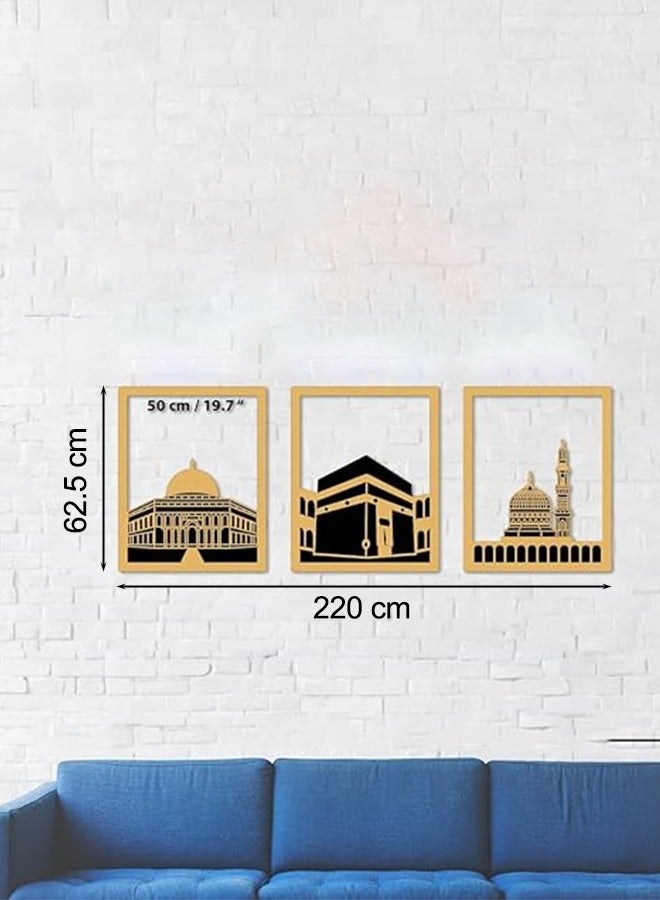 Elegant Gold Islamic Wall Art Set of Al Aqsa, Al-Haram and An-Nabawi Mosques, Wooden Acrylic Home Decor with Shiny Mirror Effect, Perfect for Ramadan, Stylish Decoration and Meaningful Muslim Gift.