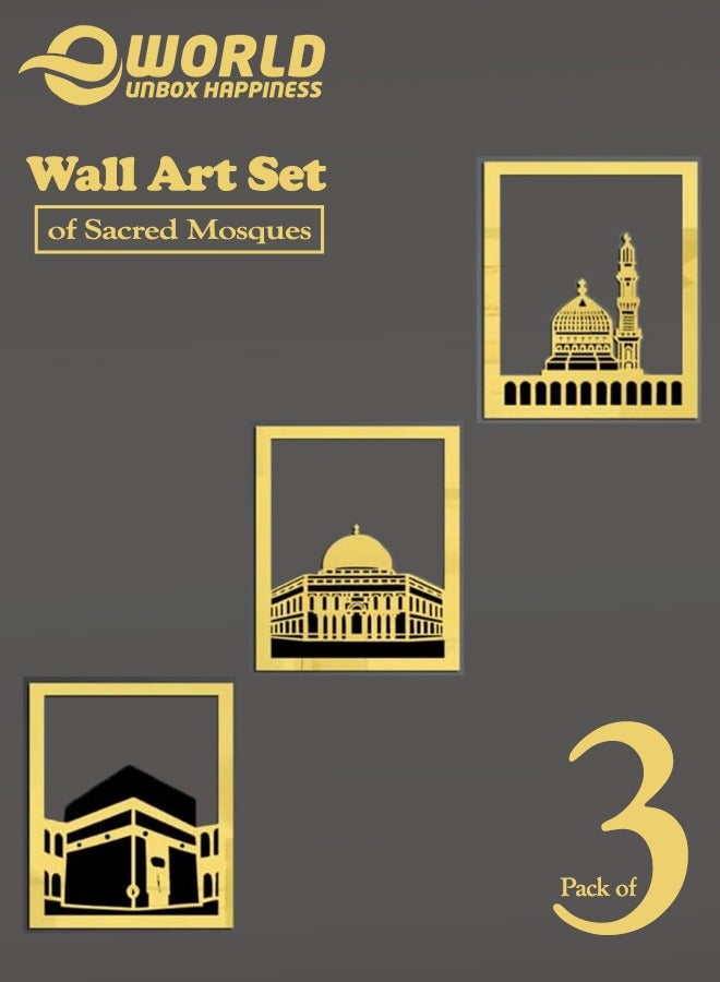 Elegant Gold Islamic Wall Art Set of Al Aqsa, Al-Haram and An-Nabawi Mosques, Wooden Acrylic Home Decor with Shiny Mirror Effect, Perfect for Ramadan, Stylish Decoration and Meaningful Muslim Gift.