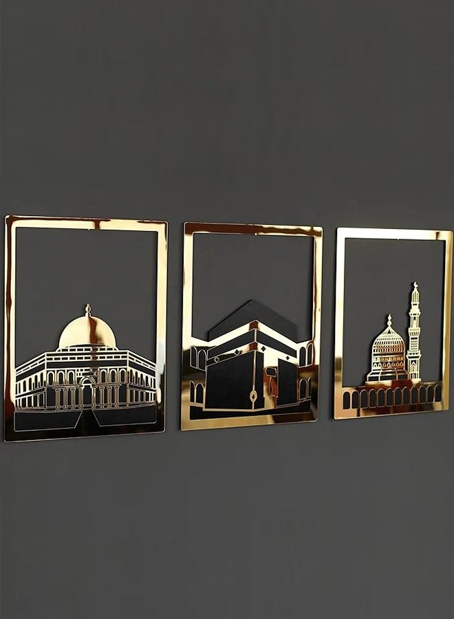 Elegant Gold Islamic Wall Art Set of Al Aqsa, Al-Haram and An-Nabawi Mosques, Wooden Acrylic Home Decor with Shiny Mirror Effect, Perfect for Ramadan, Stylish Decoration and Meaningful Muslim Gift.