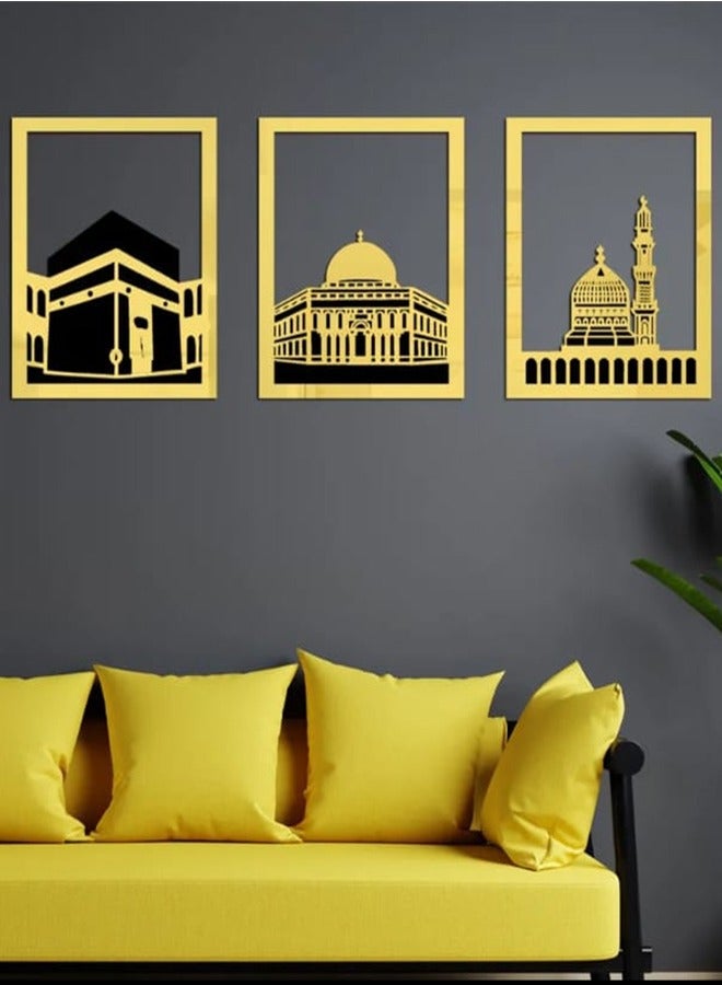 Elegant Gold Islamic Wall Art Set of Al Aqsa, Al-Haram and An-Nabawi Mosques, Wooden Acrylic Home Decor with Shiny Mirror Effect, Perfect for Ramadan, Stylish Decoration and Meaningful Muslim Gift.