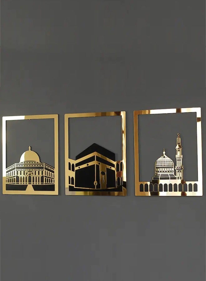 Elegant Gold Islamic Wall Art Set of Al Aqsa, Al-Haram and An-Nabawi Mosques, Wooden Acrylic Home Decor with Shiny Mirror Effect, Perfect for Ramadan, Stylish Decoration and Meaningful Muslim Gift.