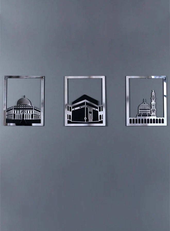 Elegant Silver Islamic Wall Art Set of Al Aqsa, Al-Haram and An-Nabawi Mosques, Wooden Acrylic Home Decor with Shiny Mirror Effect, Perfect for Ramadan, Stylish Decoration and Meaningful Muslim Gift.