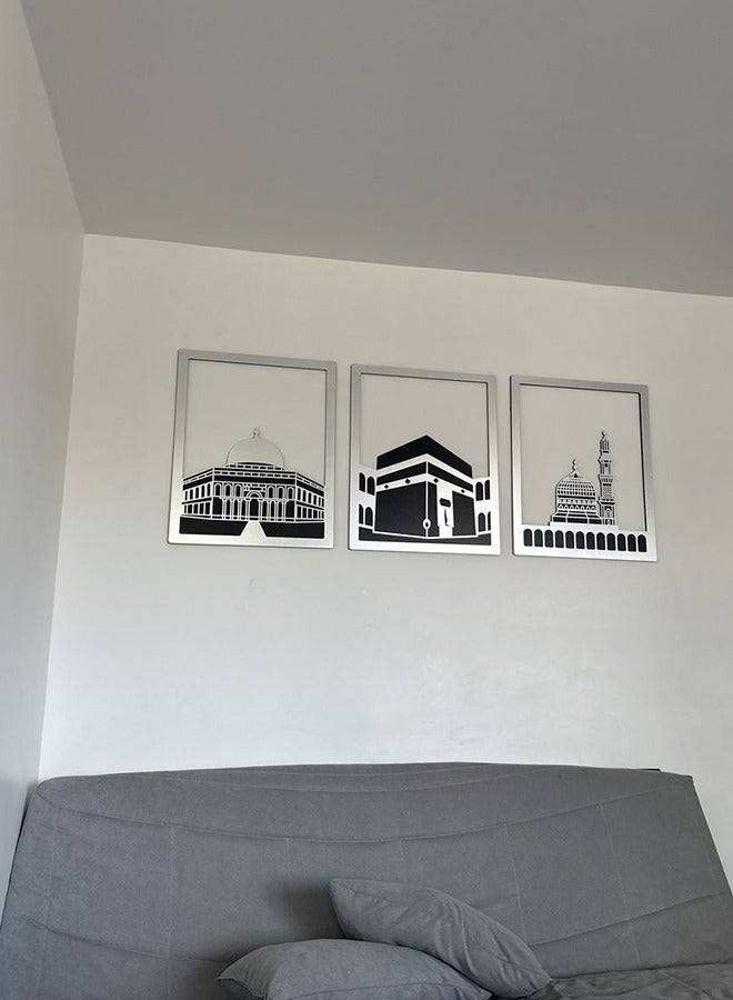 Elegant Silver Islamic Wall Art Set of Al Aqsa, Al-Haram and An-Nabawi Mosques, Wooden Acrylic Home Decor with Shiny Mirror Effect, Perfect for Ramadan, Stylish Decoration and Meaningful Muslim Gift.