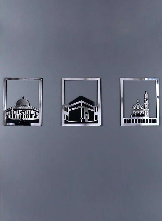 Elegant Silver Islamic Wall Art Set of Al Aqsa, Al-Haram and An-Nabawi Mosques, Wooden Acrylic Home Decor with Shiny Mirror Effect, Perfect for Ramadan, Stylish Decoration and Meaningful Muslim Gift.