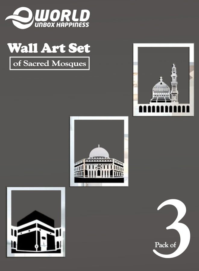 Elegant Silver Islamic Wall Art Set of Al Aqsa, Al-Haram and An-Nabawi Mosques, Wooden Acrylic Home Decor with Shiny Mirror Effect, Perfect for Ramadan, Stylish Decoration and Meaningful Muslim Gift.