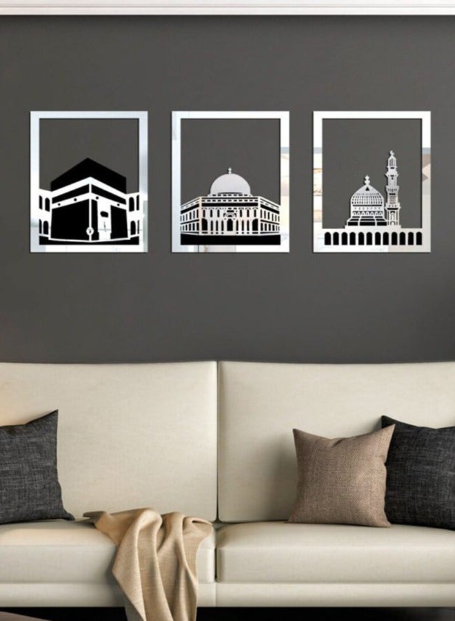 Elegant Silver Islamic Wall Art Set of Al Aqsa, Al-Haram and An-Nabawi Mosques, Wooden Acrylic Home Decor with Shiny Mirror Effect, Perfect for Ramadan, Stylish Decoration and Meaningful Muslim Gift.